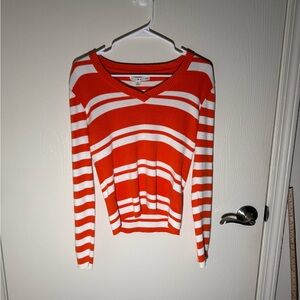 Tommy Hilfiger Women’s Orange White Striped V-Neck Sweater Button Detail Medium